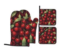 WHJSHOP Chilean Cherries Prints Oven Mitts & Pot Holders Set - Waterproof Kitchen Layers & Heat Resistant - Durable Covers for Safe Cooking & Easy Cleanup