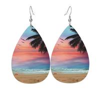 WHJSHOP Coconut Palm Tree Sandy Beach Prints Teardrop Leather Earrings - Dangle Drop Earrings for Women, Lightweight Fashion Jewelry with Silver-Plated Hooks, Vibrant Colors for Special Occasions