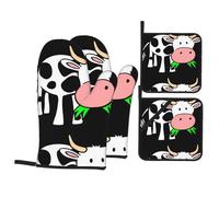 WHJSHOP Cute Cow Print Oven Mitts and Pot Holders Set, Black, Waterproof Polyester, 21x21 cm, 4 Piece