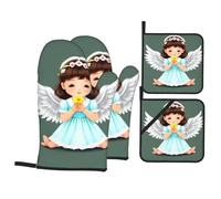 WHJSHOP Cute Little Angel Prints Oven Mitts & Pot Holders Set - Waterproof Kitchen Layers & Heat Resistant - Durable Covers for Safe Cooking & Easy Cleanup