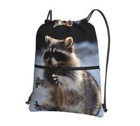 WHJSHOP Cute Raccoon Prints Drawstring Zipper Backpack - Lightweight Water-Resistant Sport Throw Bag with Front Pocket, Ideal for Gym, Travel & Hiking