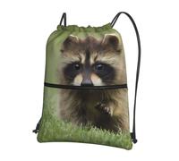 WHJSHOP cute raccoon Prints Drawstring Zipper Backpack - Lightweight Water-Resistant Sport Throw Bag with Front Pocket, Ideal for Gym, Travel & Hiking