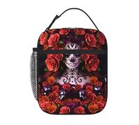 WHJSHOP Day of The Dead Sugar Roses Skull Printing Portable Handheld Insulated Lunch Bag Suitable for Students to Work and Travel