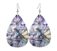 WHJSHOP dragonfly on lotus flower Prints Teardrop Leather Earrings - Lightweight Dangle Earrings for Women, Vivid Color Faux Leather Drops with Silver Plated Hooks, Stylish Accessories
