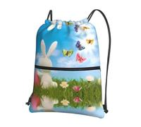 WHJSHOP Easter Bunny with Eggs and Spring Butterfly Prints Drawstring Zipper Backpack - Lightweight, Waterproof Gym Bag for Travel, Yoga, and Everyday Adventures