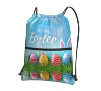 WHJSHOP Easter Egg Bunny Grass Wooden Prints Drawstring Zipper Backpack - Lightweight, Waterproof Gym Bag for Travel, Yoga, and Everyday Adventures