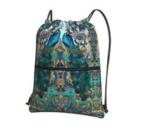 WHJSHOP Elegant Peacock Prints Drawstring Zipper Backpack - Lightweight, Waterproof Gym Bag for Travel, Yoga, and Everyday Adventures