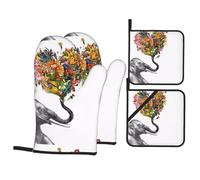 WHJSHOP Elephant with Heart-Shaped Flower Oven Mitts and Pot Holders Set, Black, Waterproof Polyester, 21x21 Centimeters, 4 Pieces
