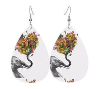 WHJSHOP Elephant with heart-shaped flower Prints Teardrop Leather Earrings - Dangle Drop Earrings for Women, Lightweight Fashion Jewelry with Silver-Plated Hooks, Vibrant Colors for Special Occasions