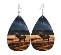 WHJSHOP Elk in the meadow Prints Teardrop Leather Earrings - Lightweight Dangle Earrings for Women, Vivid Color Faux Leather Drops with Silver Plated Hooks, Stylish Accessories