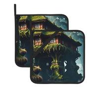 WHJSHOP Floating Island House Pattern Square Insulated Pot Mat 2 Pieces Featuring a Convenient Side Hanging Rope for Easy Storage