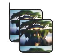 WHJSHOP Floating Island On Water Pattern Square Insulated Pot Mat 2 Pieces Featuring a Convenient Side Hanging Rope for Easy Storage
