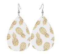 WHJSHOP golden pineapple background Prints Teardrop Leather Earrings - Lightweight Dangle Earrings for Women, Vivid Color Faux Leather Drops with Silver Plated Hooks, Stylish Accessories