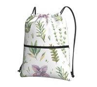 WHJSHOP Green Flower Herb Sage Leaves and Branches Prints Drawstring Zipper Backpack - Lightweight Water-Resistant Gym Bag with Front Pocket & Interior Organizer for Travel, Yoga, & More