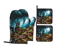WHJSHOP Halloween Pumpkin Graveyard Prints Kitchen Baking Set - Heat Resistant Oven Mitts & Pot Holders with Waterproof Layer, Hanging Loops for Cooking, BBQ & More
