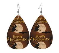 WHJSHOP Halloween Witch Flying Prints Teardrop Leather Earrings - Lightweight Dangle Earrings for Women, Vivid Color Faux Leather Drops with Silver Plated Hooks, Stylish Accessories