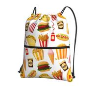 WHJSHOP Hamburger Doughnut Coke Prints Drawstring Zipper Backpack - Lightweight Water-Resistant Sport Throw Bag with Front Pocket, Ideal for Gym, Travel & Hiking