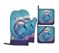 WHJSHOP Happy Cute Dolphin Prints Oven Mitts & Pot Holders Set - Waterproof Kitchen Layers & Heat Resistant - Durable Covers for Safe Cooking & Easy Cleanup