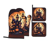 WHJSHOP Happy Halloween Prints Oven Mitts & Pot Holders Set - Waterproof Kitchen Layers & Heat Resistant - Durable Covers for Safe Cooking & Easy Cleanup