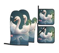 WHJSHOP Happy Little Swan Prints Oven Mitts & Pot Holders Set - Waterproof Kitchen Layers & Heat Resistant - Durable Covers for Safe Cooking & Easy Cleanup
