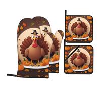 WHJSHOP Happy Turkey Pumpkin Prints Oven Mitts & Pot Holders Set - Waterproof Kitchen Layers & Heat Resistant - Durable Covers for Safe Cooking & Easy Cleanup