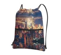 WHJSHOP Hong Kong Prints Drawstring Zipper Backpack - Lightweight Water-Resistant Gym Bag with Front Pocket & Interior Organizer for Travel, Yoga, & More