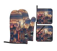 WHJSHOP Hong Kong Prints Kitchen Baking Set - Heat Resistant Oven Mitts & Pot Holders with Waterproof Layer, Hanging Loops for Cooking, BBQ & More