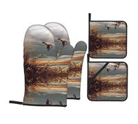WHJSHOP Hunting Flying Wild Ducks Prints Kitchen Layers: Waterproof Oven Covers for Safe Handling & Easy Cleanup - 4 Piece Heat Protection Bundle
