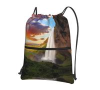 WHJSHOP Iceland Waterfall River Field Sunset Prints Drawstring Zipper Backpack - Lightweight Water-Resistant Sport Throw Bag with Front Pocket, Ideal for Gym, Travel & Hiking