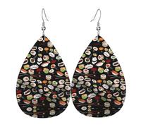 WHJSHOP Japanese Sushi Black Prints Teardrop Leather Earrings - Dangle Drop Earrings for Women, Lightweight Fashion Jewelry with Silver-Plated Hooks, Vibrant Colors for Special Occasions