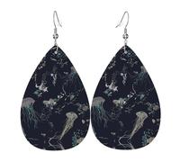 WHJSHOP Jellyfish Pattern Prints Teardrop Leather Earrings - Lightweight Dangle Earrings for Women, Vivid Color Faux Leather Drops with Silver Plated Hooks, Stylish Accessories