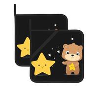 WHJSHOP Little Bear Holding a Star Pattern Square Insulated Pot Mat 2 Pieces Featuring a Convenient Side Hanging Rope for Easy Storage