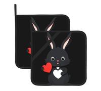 WHJSHOP Little Black Rabbit Holding a Heart Pattern Square Insulated Pot Mat 2 Pieces Featuring a Convenient Side Hanging Rope for Easy Storage