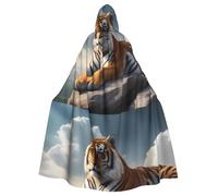 WHJSHOP Majestic Tiger Resting on a Rock with Cloudy Sky Pattern Halloween Adult Hooded Cloak No Zipper, Comfortable & Durable for Role-Playing