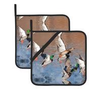 WHJSHOP Mallard Ducks Prints Square Pot Holders - Waterproof Kitchen Covers for Hot Dishes & Pans, Durable Heat Resistant Pads with Hanging Loop - 2 Pack (1 with Pocket)