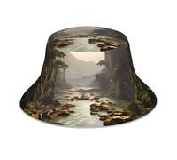 WHJSHOP Mountains and Rivers Picture Reflective Bucket Hat f- Fashionable Double-Sided Design for Sun Protection and Style Black