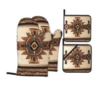 WHJSHOP Native American Painting Prints Kitchen Baking Set - Heat Resistant Oven Mitts & Pot Holders with Waterproof Layer, Hanging Loops for Cooking, BBQ & More