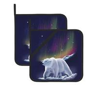 WHJSHOP Northern Lights Polar Bear Prints Square Pot Holders - Waterproof Heat Resistant Kitchen Throw Pads for Hot Bowls & Dishes, Durable Oven Mitt Layers with Hanging Loop - Set of 2