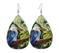 WHJSHOP Oak bird Prints Teardrop Leather Earrings - Lightweight Dangle Earrings for Women, Vivid Color Faux Leather Drops with Silver Plated Hooks, Stylish Accessories