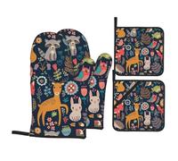 WHJSHOP Oven Mitts and Pot Holders Set, Owl Rabbit Bird Fox Print, Black, Waterproof Polyester, 21x21 cm, 4 Piece