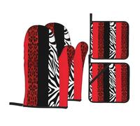 WHJSHOP Oven Mitts and Pot Holders Set, Red Leopard and Zebra Animal Print, Waterproof Polyester, 4 Piece