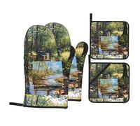 WHJSHOP Painting Board Next to The Stream Prints Kitchen Baking Four Piece Set Includes 2 Insulated Gloves and 2 Pot Lid Pads with Pockets Thick and Durable