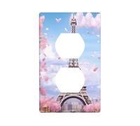 WHJSHOP Paris Street Eiffel Tower Pink Floral Picture Double Socket Wall Panel Electrical Socket Cover Plate Shatter Decoration Durable 4.5x2.76in