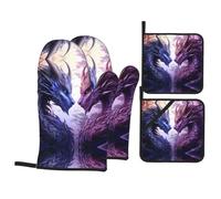 WHJSHOP Purple and Wirte Dragons Prints Kitchen Layers: Waterproof Oven Covers for Safe Handling & Easy Cleanup - 4 Piece Heat Protection Bundle