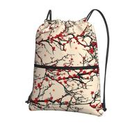WHJSHOP Red Cherry Blossoms Prints Drawstring Zipper Backpack - Lightweight, Waterproof Gym Bag for Travel, Yoga, and Everyday Adventures