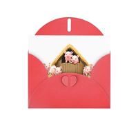 WHJSHOP Red Greeting Card Piglets in the straw house Printing Perfect for Valentine's Day, Wedding Anniversary & Party Invitations