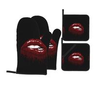 WHJSHOP Red Lips Kitchen Oven Mitts and Pot Holders Set, Black, Waterproof Polyester, Heat-Resistant, 21x21 cm, 4 Piece