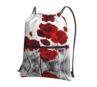 WHJSHOP Red Poppy Flower Prints Drawstring Zipper Backpack - Lightweight Water-Resistant Sport Throw Bag with Front Pocket, Ideal for Gym, Travel & Hiking