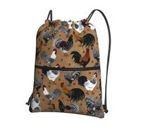 WHJSHOP Rooster and Chicken Print Prints Drawstring Zipper Backpack - Lightweight Water-Resistant Gym Bag with Front Pocket & Interior Organizer for Travel, Yoga, & More