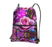 WHJSHOP Rose and Butterflies Pink Prints Drawstring Zipper Backpack - Lightweight, Waterproof Gym Bag for Travel, Yoga & Hiking